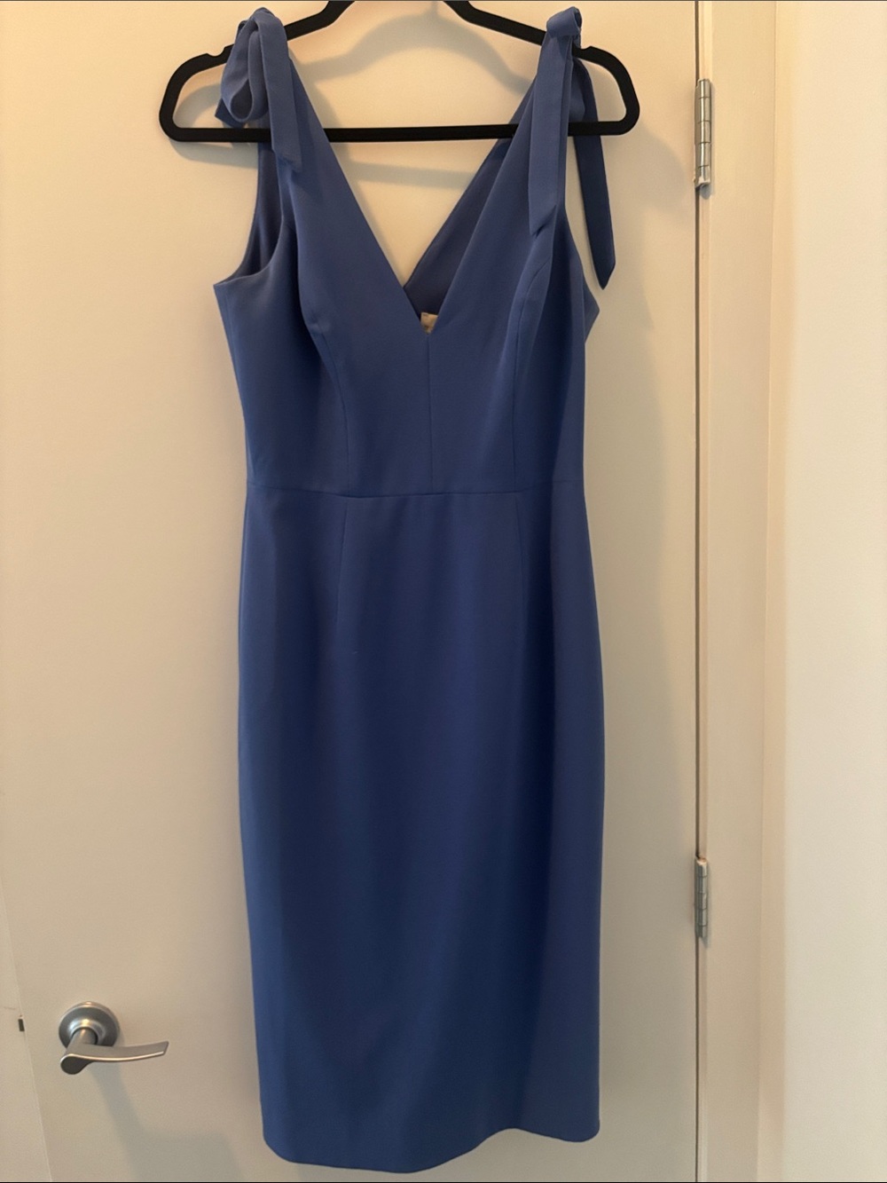 Dress the Population Lita Cocktail Dress Slate Blue V-Neck Tie-Shoulder Midi